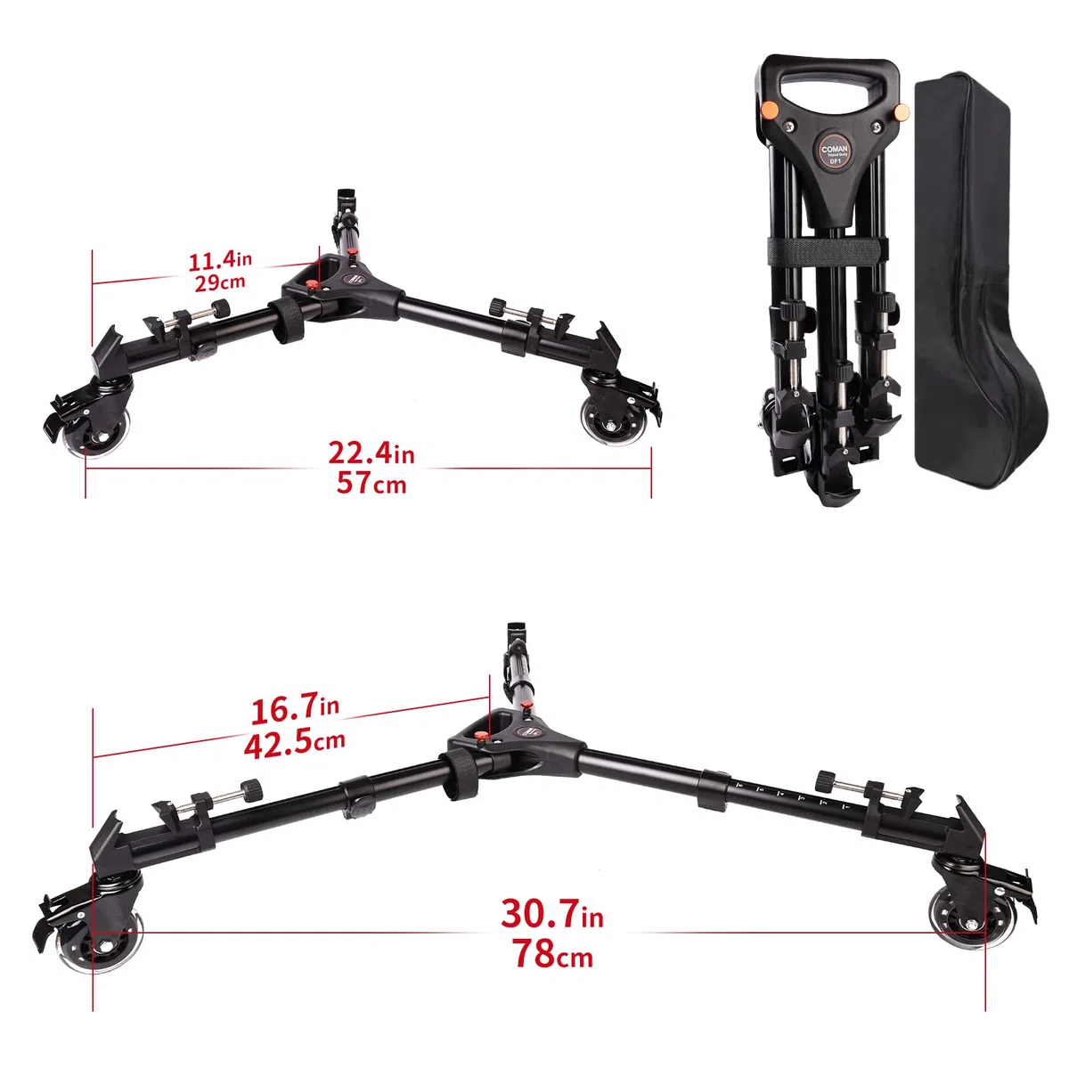 COMAN Treppiede professionale Dolly – Heavy Duty con gamba regolabile con ruote di bloccaggio e custodia per il trasporto compatibile con la maggior parte dei treppiedi, fotocamere,videocamere