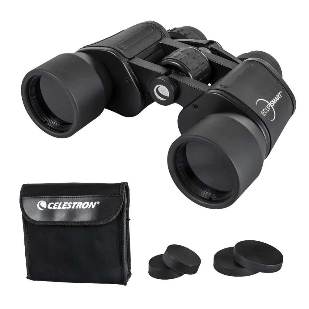Celestron 71238 EclipSmart 10x42 Binocolo solare Porro - ISO 12312-2, impugnatura in gomma, ottica con rivestimento multiplo, vetro BK7, laccetto da collo e custodia morbida per il trasporto, nero