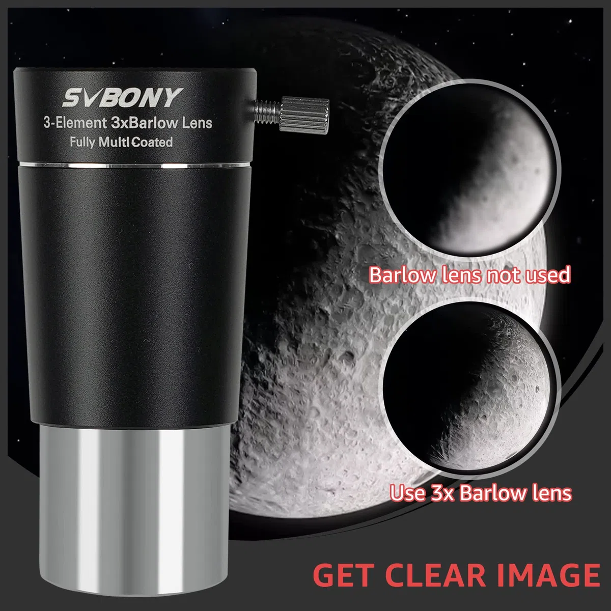 Svbony SV213 Barlow Lente, 3x Barlow 1.25inch FMC 3 Elementi in Metallo Accessori per Telescopio per Fotografia e Osservazione Planetaria