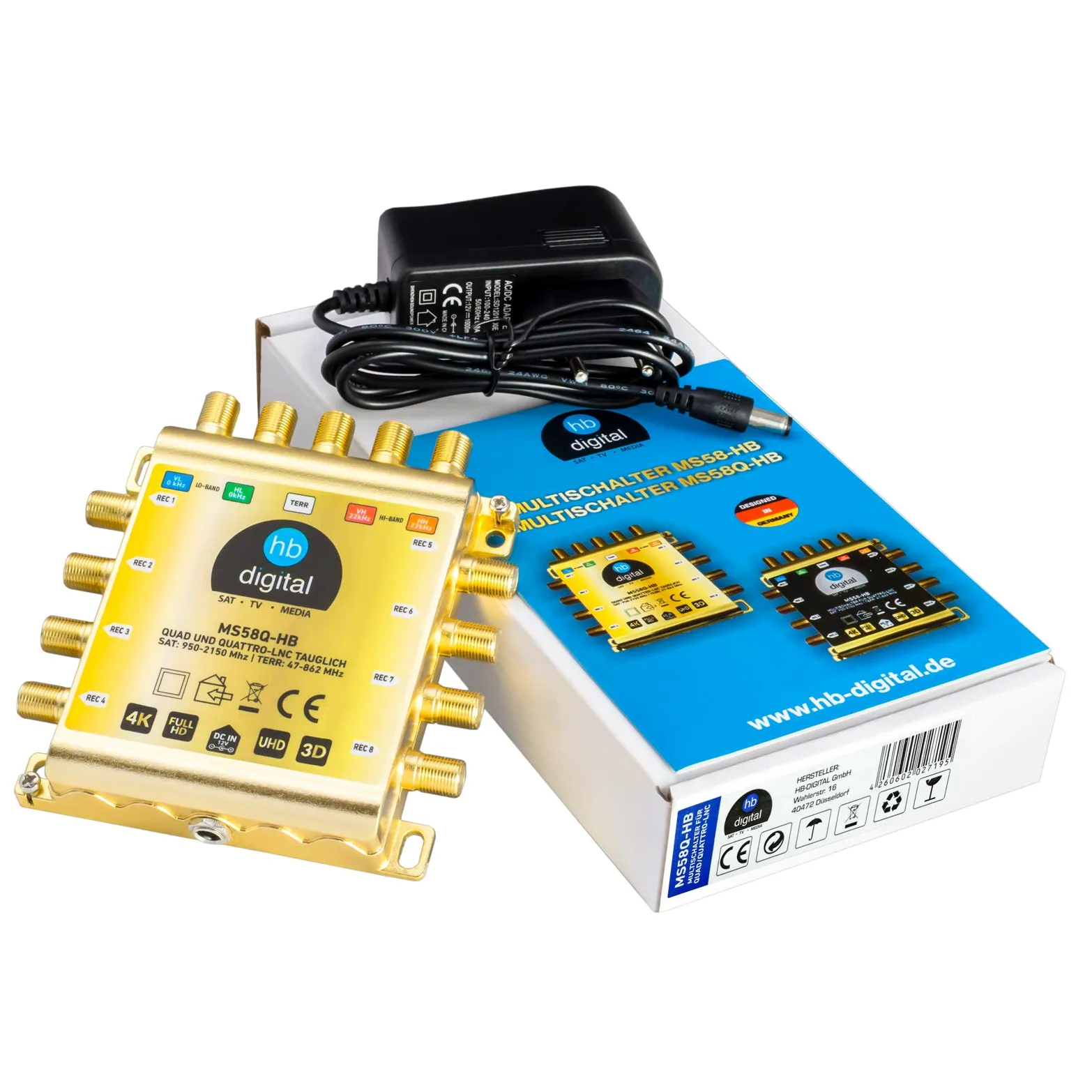 HB-DIGITAL DVB-S/S2 Multiswitch 5/8 + Quattro LNB UHD 414 W bianco + 24 connettori F dorati | Multiswitch per 1 SAT, 8 partecipanti | Quad | incl. alimentatore di rete | MS58Q-HB | FullHD 4K UHD