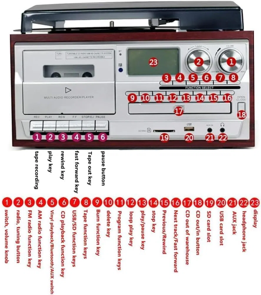 Lettore CD portatile con cassetta e radio FM, lettore di dischi Bluetooth retrò con altoparlanti integrati e batteria da 4000 mAh per ascoltare in movimento