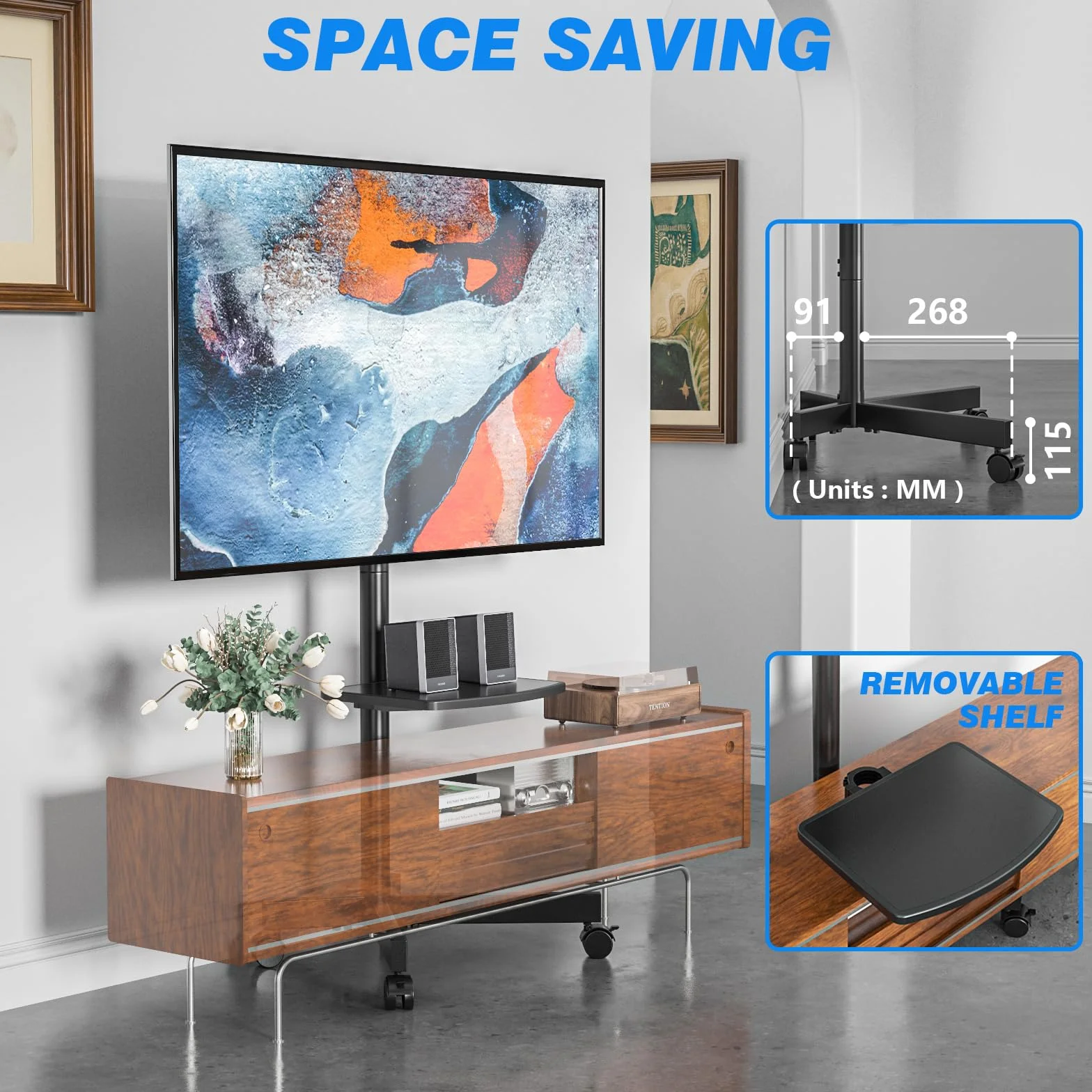 RFIVER Supporto TV da Pavimento Porta TV con Ruote Carrello per Schermi Plasma/LCD/LED 27-60 Pollici, Mobile TV con Ruote Max.40 kg, Max VESA 400 x 400 mm con Altezza Regolabile Nero