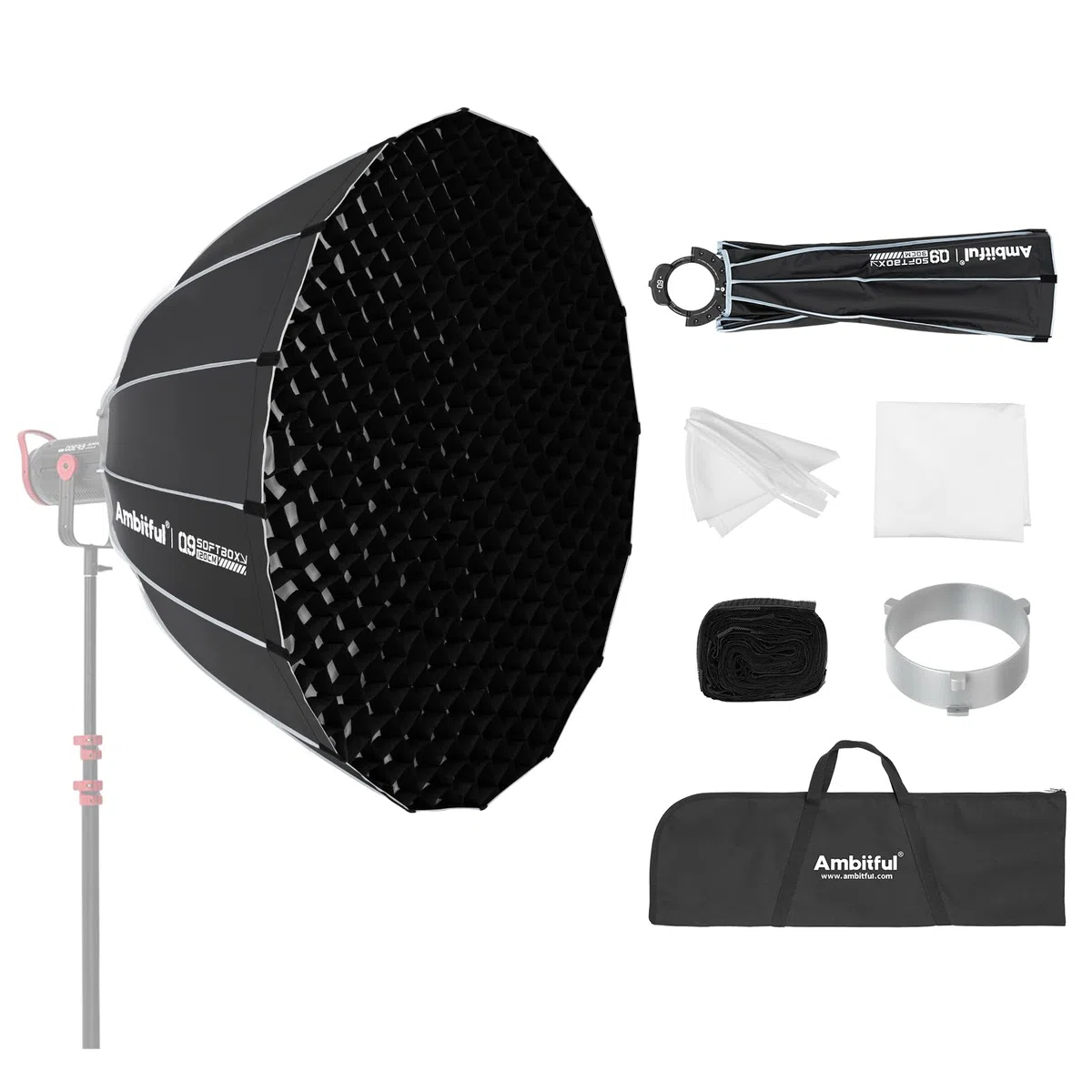 Ambitful Softbox ottagonale da 60 cm, supporto Bowens con 2 diffusori e griglia | Ombrello parabolico a sgancio rapido, con borsa per il trasporto, per flash da studio e monolight