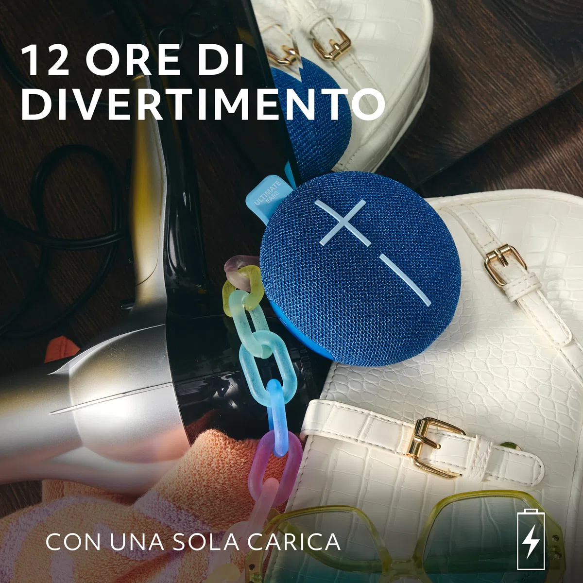 Ultimate Ears MINIROLL Altoparlante Bluetooth impermeabile ultraportatile, bassi potenti, resistente alla polvere IP67, raggio d’azione di 40 m - Blu