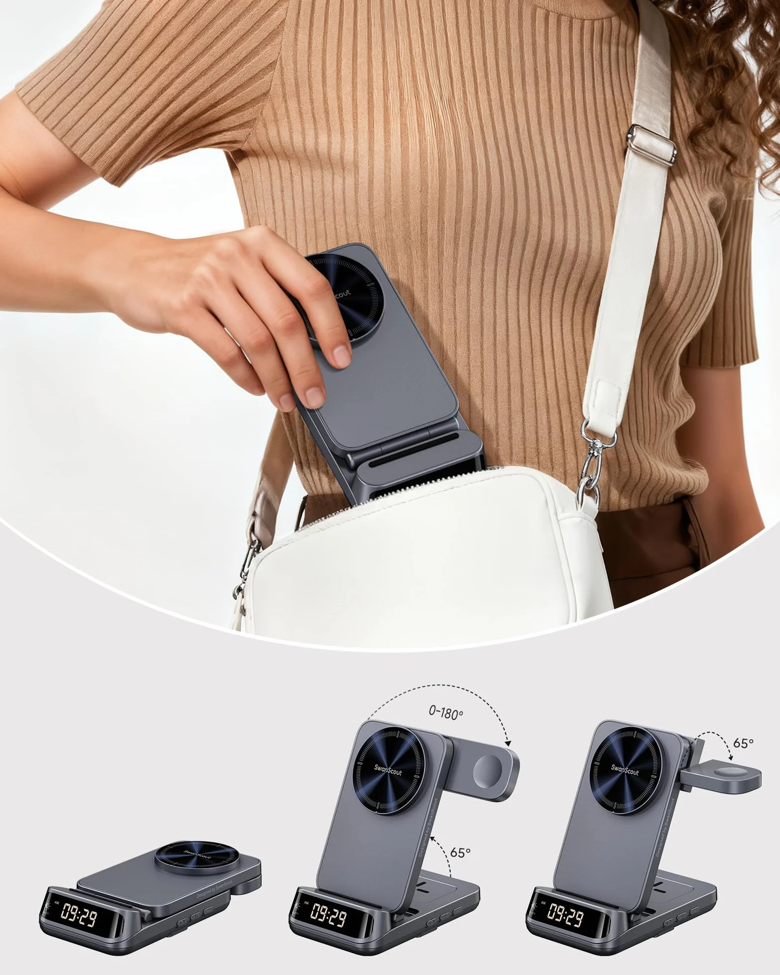 Supporto caricabatterie wireless 3 in 1 da 25 W, compatibile con MagSafe, stazione di ricarica magnetica da viaggio pieghevole con orologio per iPhone 17/16/15, Apple Watch, Air Pods, SwanScout 708M