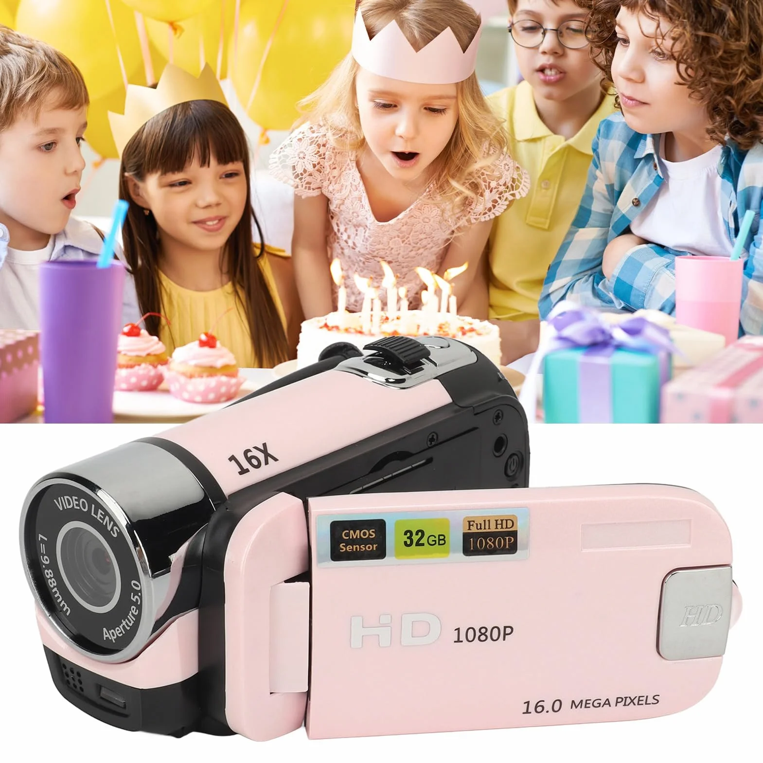 Videocamera digitale HD 1080p, 16 MP, zoom digitale 16x, schermo rotante da 2,4", stabilizzazione dell'immagine elettronica, timelapse, supporto microfono esterno e treppiede (fino a 128 GB)