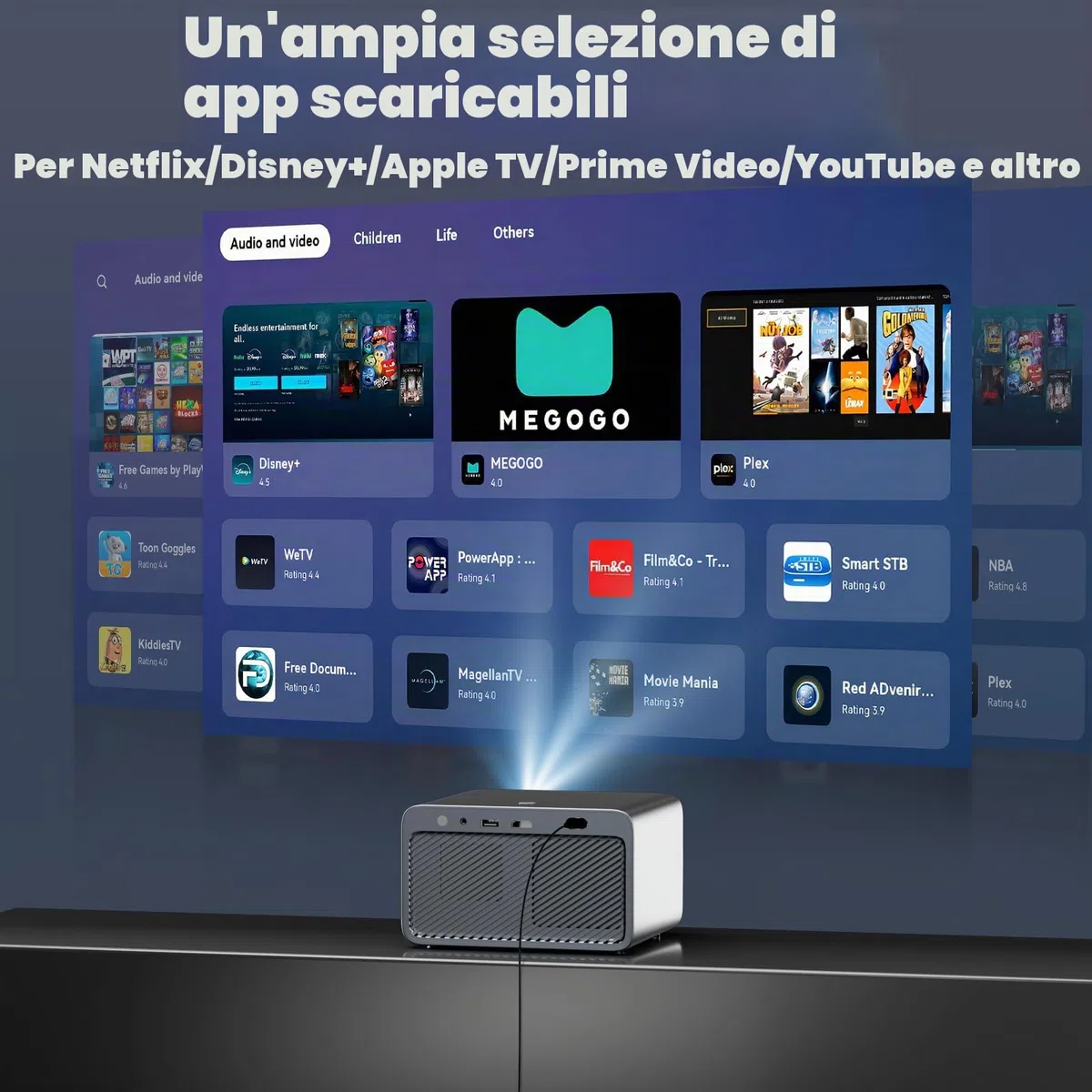 Proiettore 4K [800+ app per Netflix, browser e TV in diretta, configurazione AI Car e controllo CEC] Full HD 1080P 1300 ANSI Lisowod Smart Projector con WiFi 6, Bluetooth 5.2, Dolby Audio, Home Cinema