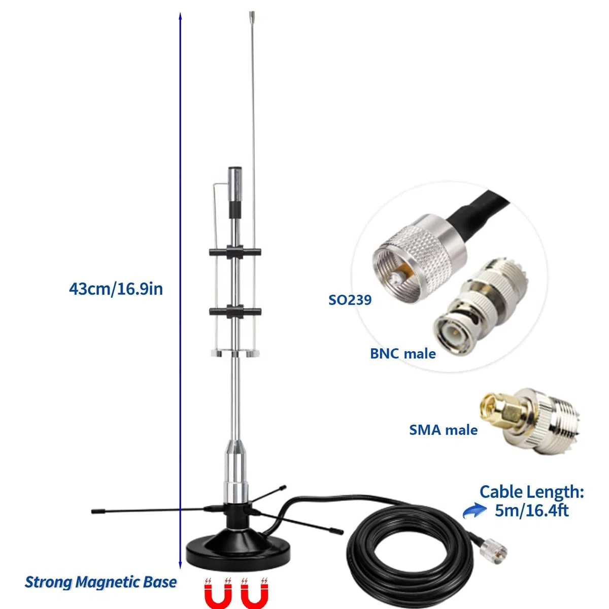 Antenna GMRS da 2 m, 70 cm, per esterni e interni, antenna scanner per polizia per casa, VHF UHF UHF FM CB GMRS ADSB per SDR/Air FM Ricevitore FM/ADSB Flightaware, cavo da 5 m BNC SMA SO239 base