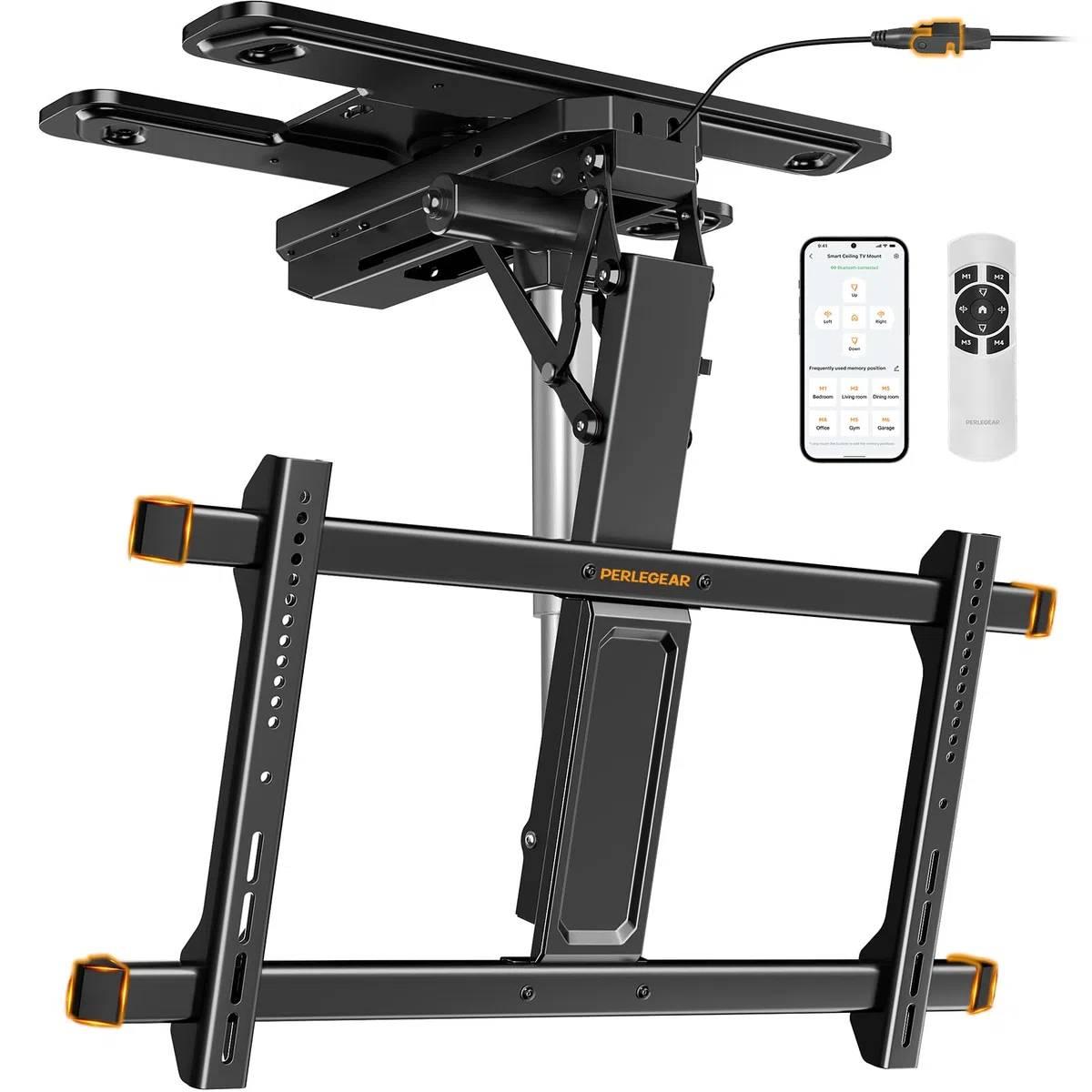 Perlegear PGCM12B - Supporto elettrico a soffitto con app e telecomando, montaggio a soffitto motorizzato Full Motion per TV piatti e curvi da 32 a 75 ″ fino a 50 kg, inclinabile e girevole, supporto