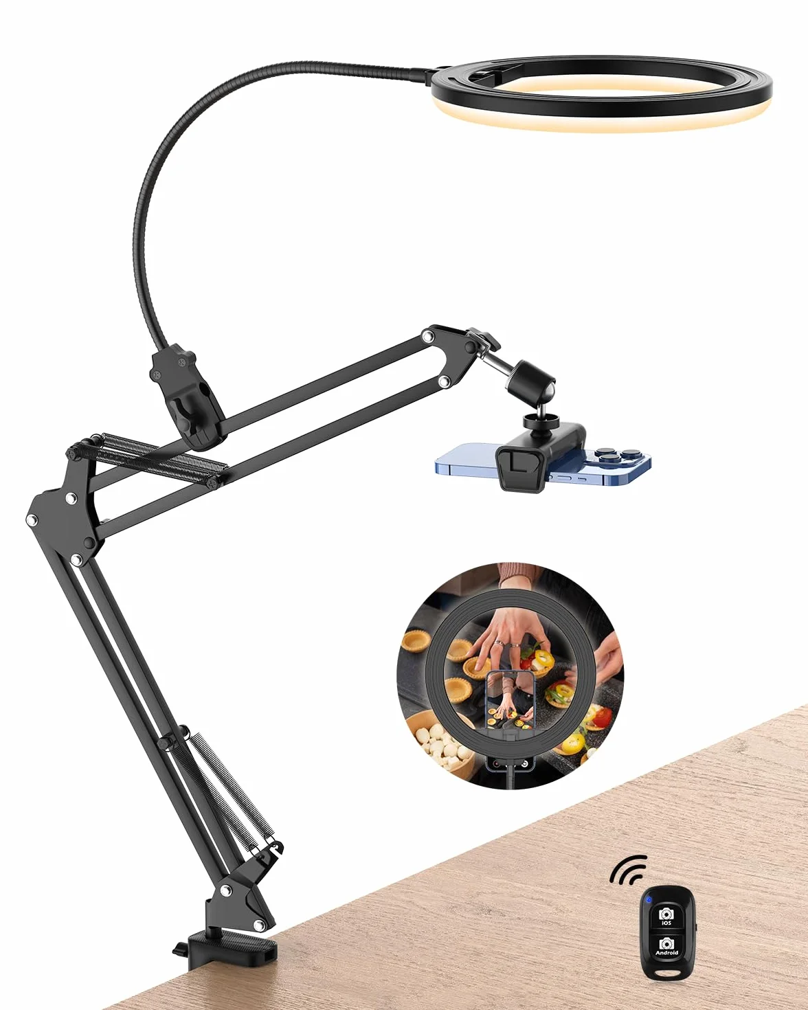 UBeesize Treppiede per cellulare con luce ad anello, 10", per video alimentari | Tubo flessibile treppiede per cellulare con luce ad anello per tavolo con treppiede per YouTube, TikTok, Live Stream, cucina