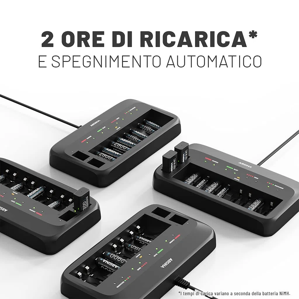ABSINA Caricabatterie pile ricaricabili AA AAA e 9V + 4x AA 2900 | Caricabatterie NiMH 10 Slot per batterie ricaricabili - Carica pile AAA AA e 9V