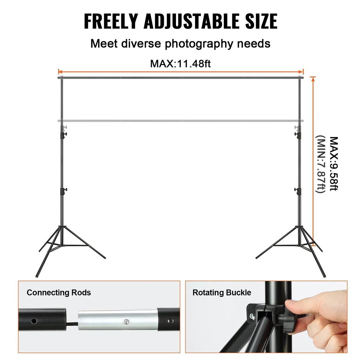 VEVOR Supporto Fondale Fotografico 2900 x 3500mm Kit Supporto per Sfondo Fotografico Regolabile 6 Morsetti Borsa Trasporto, Supporto per Sfondo Fotografico in Studio Fotografia in Acciaio al Carbonio