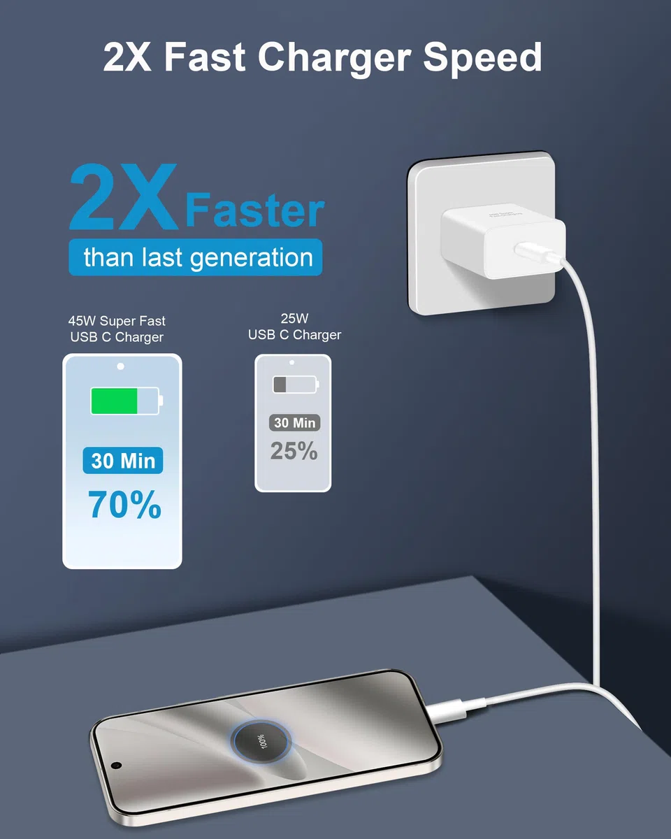 Caricatore ultra S24/S23, confezione da 2 caricabatterie da parete super veloci da 45 W, blocco caricabatterie per telefono USB C Android con cavo lungo 10 piedi tipo C per Samsung Galaxy