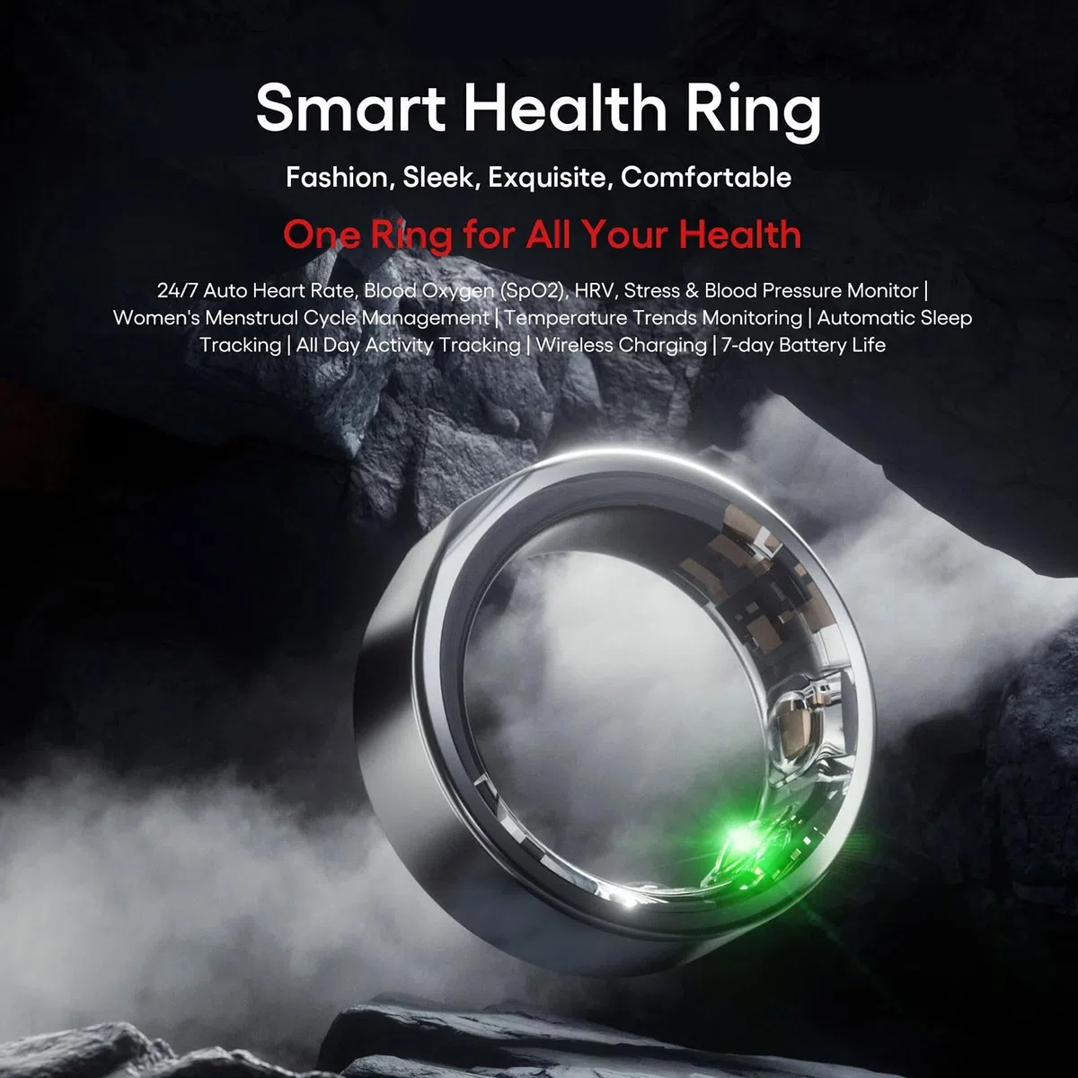 Anello intelligente per il monitoraggio della salute, impermeabile, indossabile con monitoraggio del sonno e del battito cardiaco, risparmio energetico per il monitoraggio della salute delle donne e
