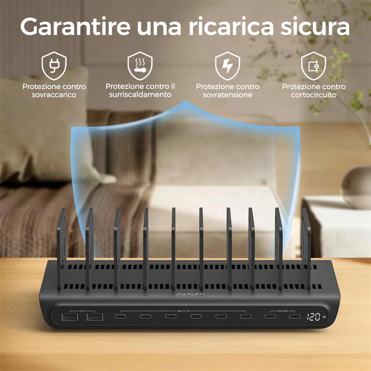 Alxum Stazione di Ricarica USB 10 Porte 120W, Caricatore Multiplo con Display LED, 8 Porte USB-C e 2 USB-A, Porta PD 65W e QC 3.0 Ricarica Rapida per iPhone, iPad, Tablet, Laptop, Ufficio, Scuola