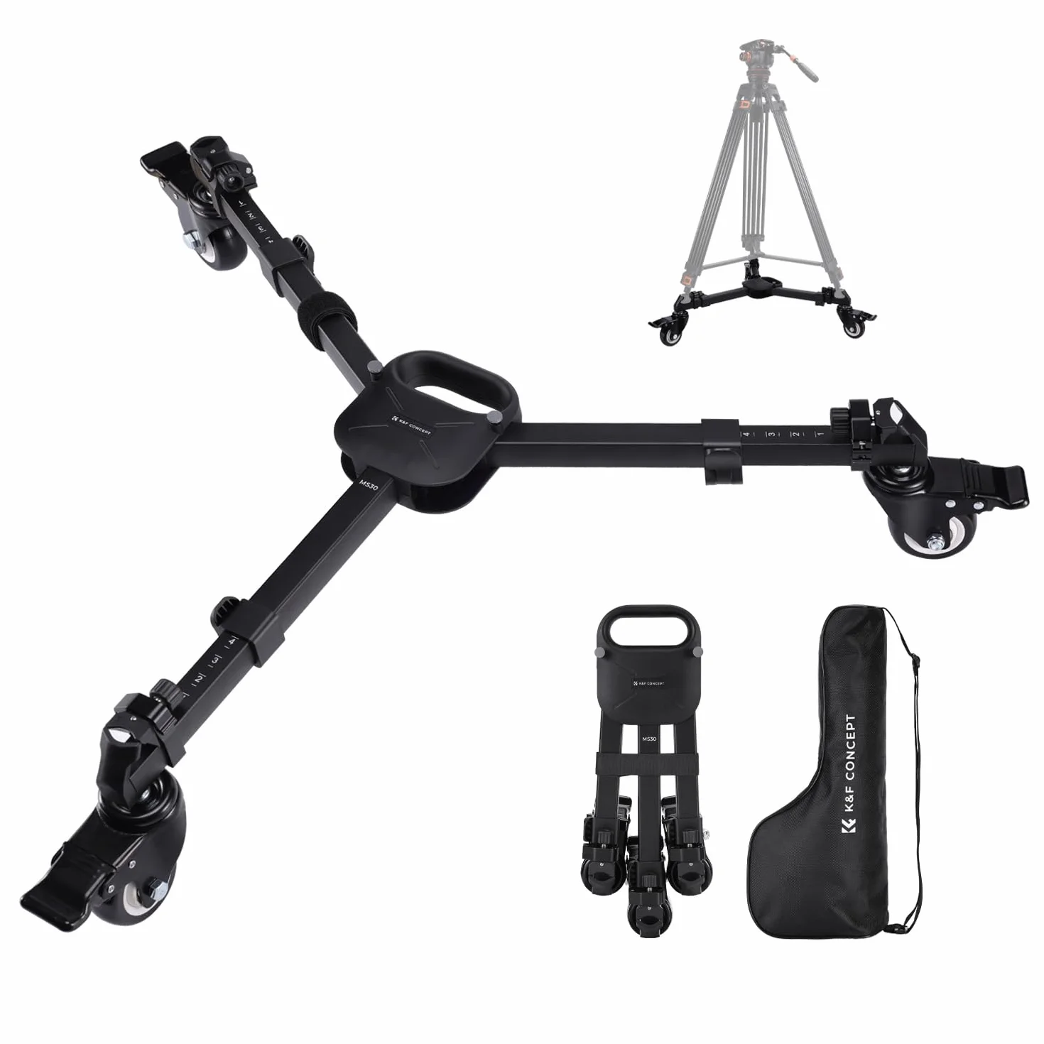 K&F Concept Heavy Duty Tripod Dolly, Carrucola per Treppiede Fotografica Universale con Ruote in Gomma da 3 inch e Gambe Regolabili e Borsa di Stoccaggio per Fotocamera e Videocamera, Max Carico 20kg