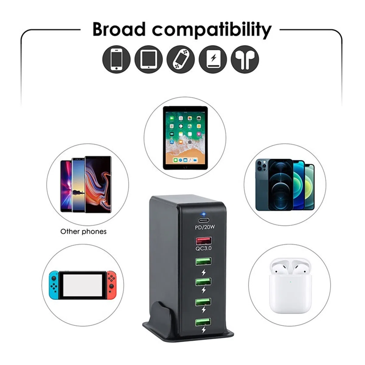 Caricatore rapido USB PD con 6 porte, stazione di ricarica Caricabatterie da parete for telefono universale compatibile cellulare, tablet e altro Design portatile(White)