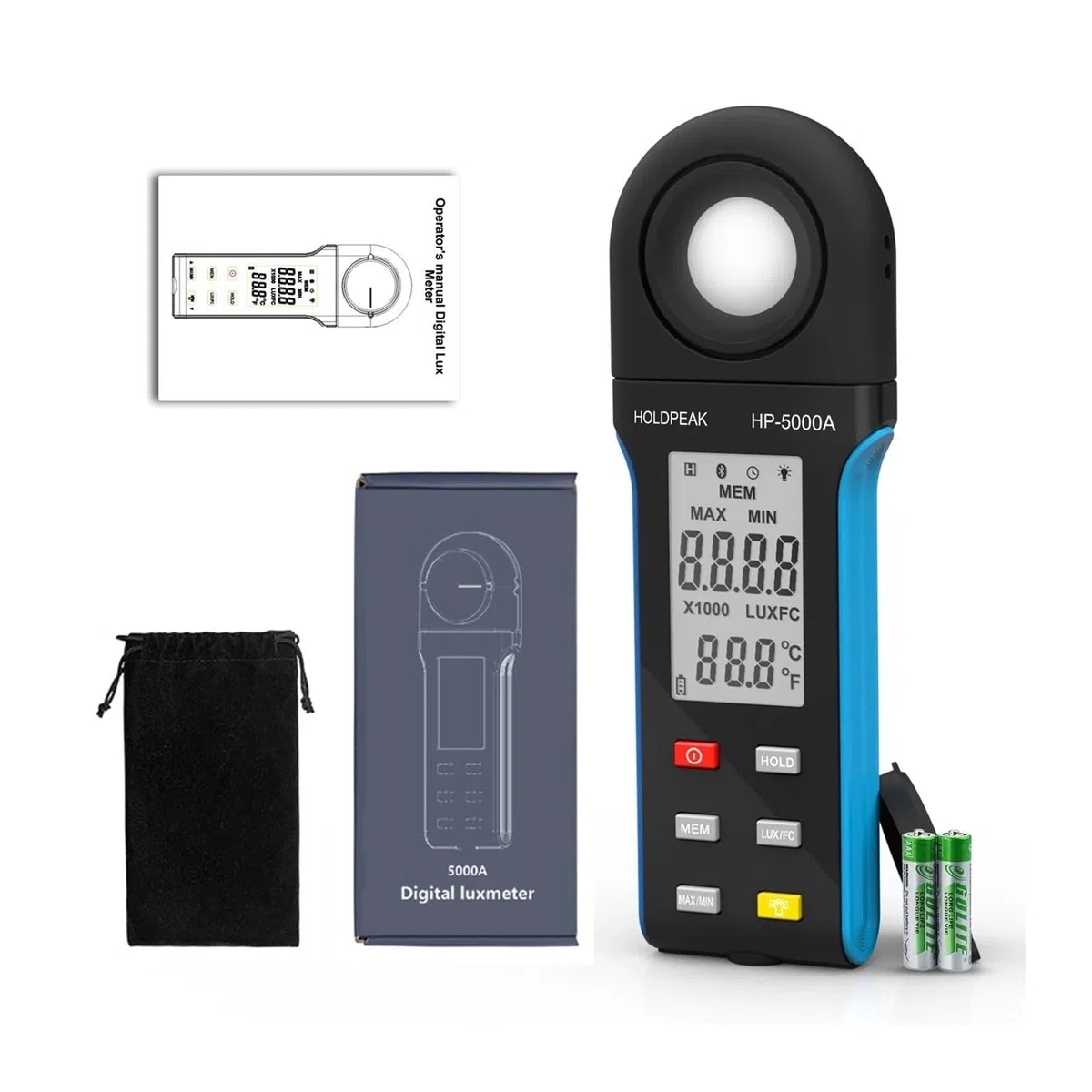 Luxmetro Digitale, Luxmetro digitale ad alta precisione -5000A, ampio intervallo da 1 a 400.000 lux, interruttore unità Lux/Fc, registrazione MAX/MIN, display integrato(1000W 10X13cm Double handle)