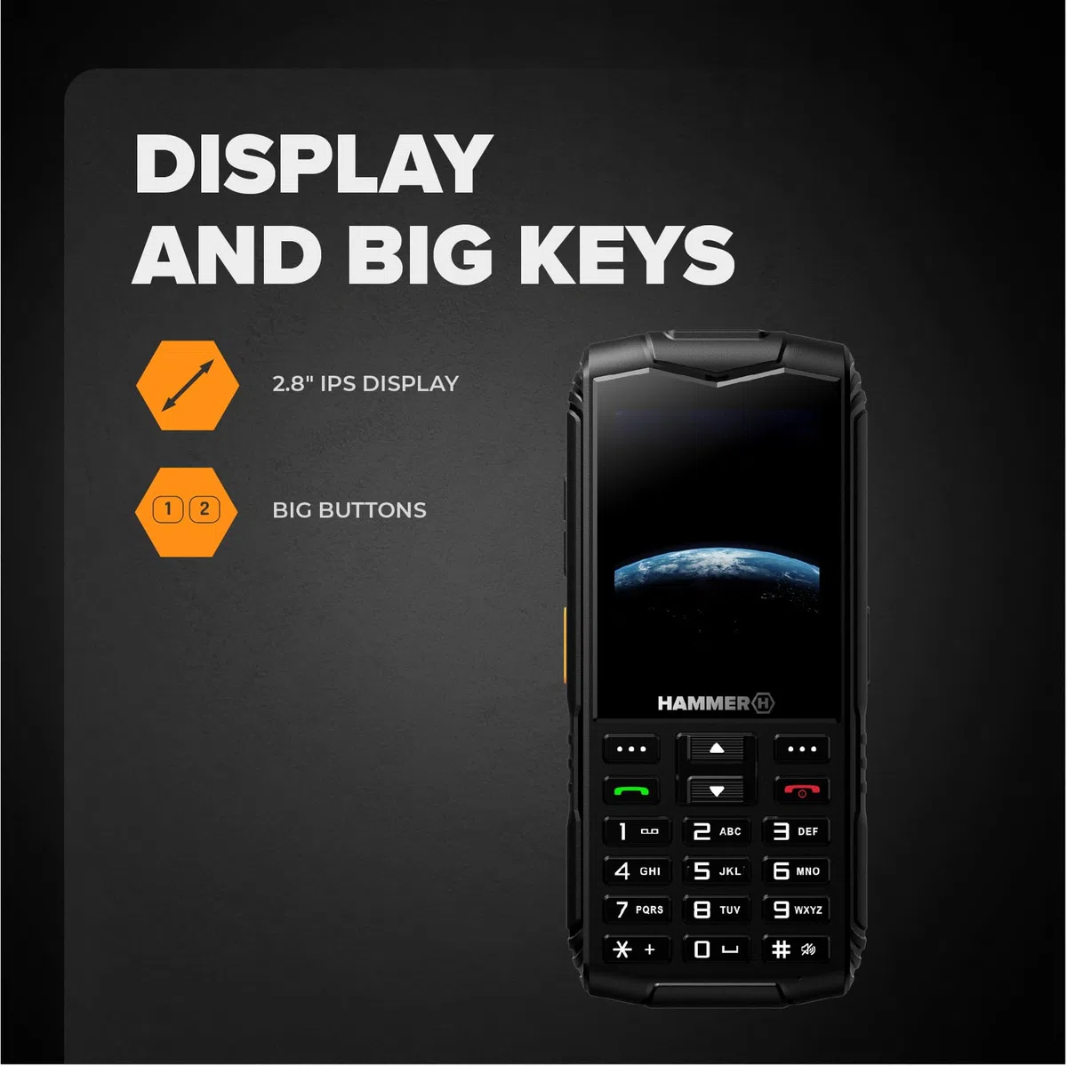Hammer H Horizon LTE Telefono Rugged senza Contratto, Batteria 3000mAh, 64 GB, Display IPS 2,8", Tasti Grandi, Tasto SOS, Torcia, Fotocamera 2 MP, Radio FM, USB-C, Dual SIM, IP68/MIL-STD-810H, Nero
