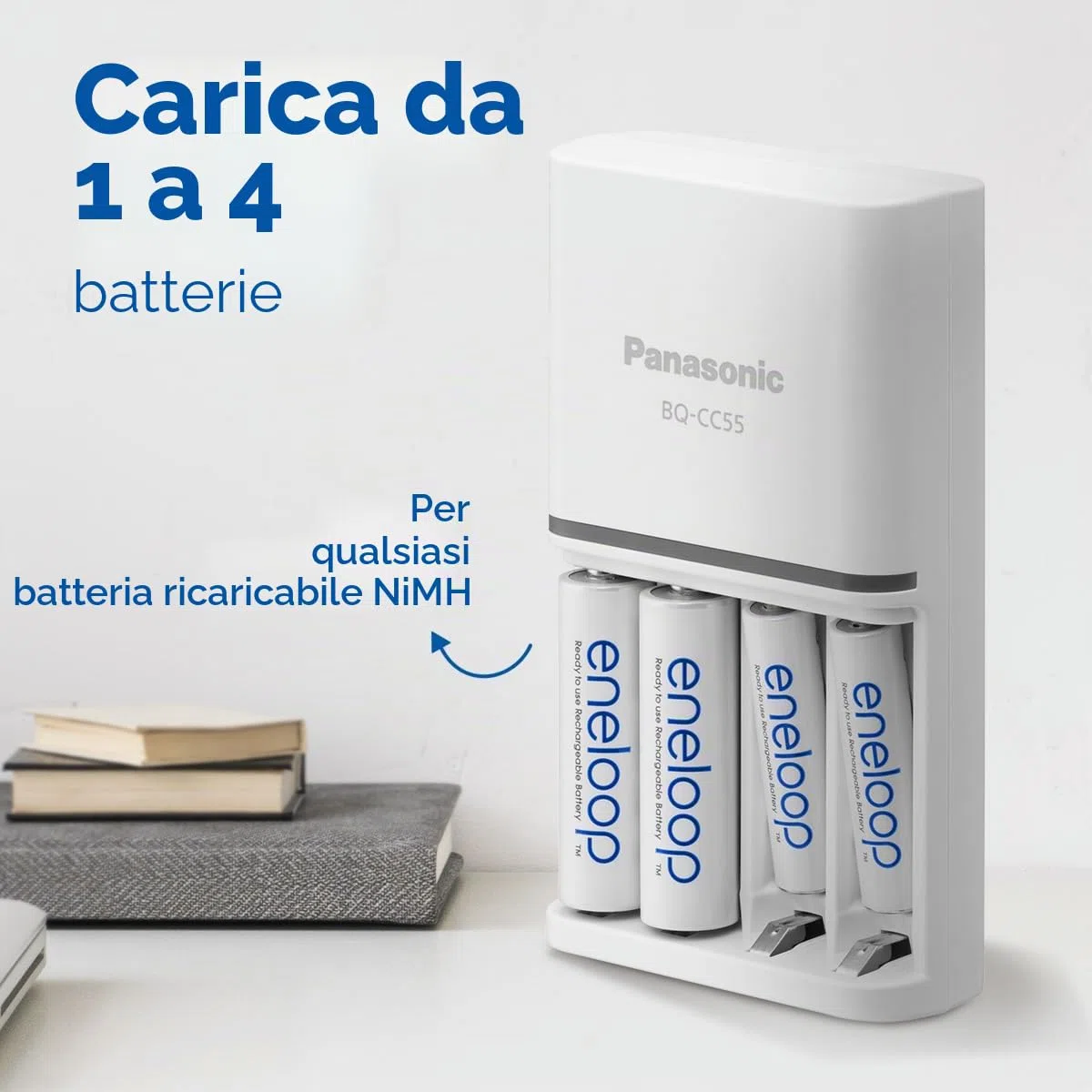 Panasonic eneloop Caricabatterie SmartPlus per 1-4 batterie AA/AAA Ni-MH, con 4 indicatori LED e 10 funzioni di sicurezza, tra cui 4 batterie eneloop AA/Mignon, capacità migliorata di min. 2000