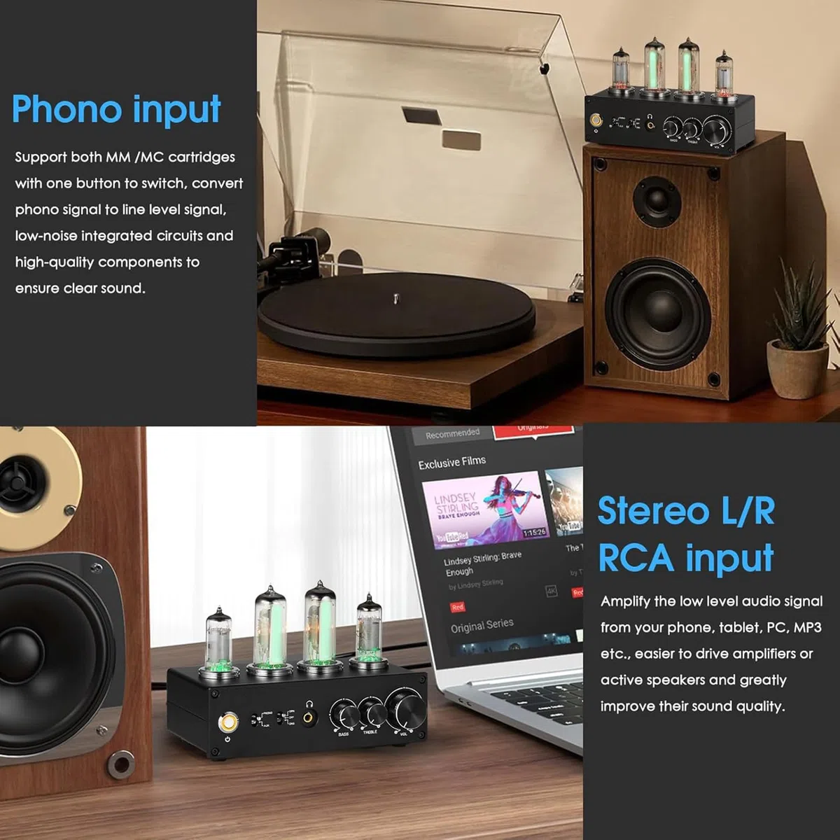 Preamplificatore Phono a Valvole, Preamplificatore per Giradischi/Lettore MM, con Gain Gear, Manopola di Controllo del Volume, Uscita Stereo L/R/RCA/Jack da 3,5 Mm