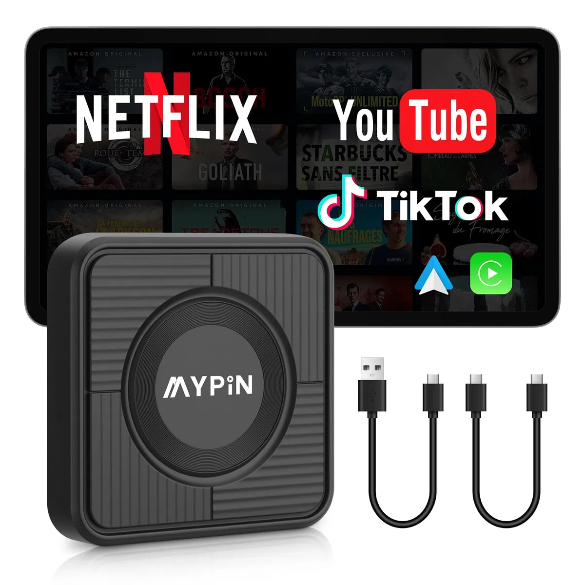 MYPIN Adattatore Wireless CarPlay 3 in 1, per Android Auto e Video, con Supporto Netflix/YouTube e Slot per Schede TF, Plug & Play, Compatibile con USB Type-C/A, per iPhone e Android