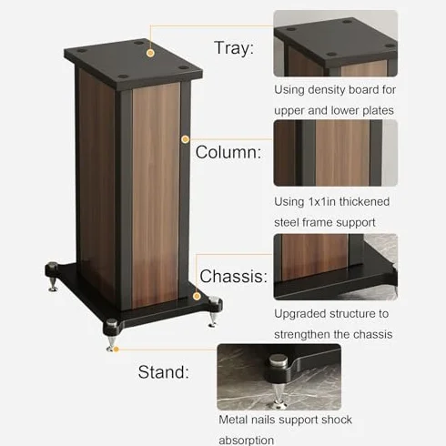 Coppia di supporti universali per altoparlanti per audio surround regolabili per libreria audio per home theater, robusta base centrale riempita di sabbia, finitura in noce, altezza 59,9 cm