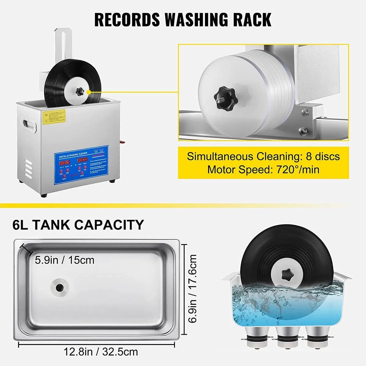 Pulitore ultrasonico per dischi in vinile: pulisce 8 LP contemporaneamente, azione a doppia faccia con rotazione automatica, timer da 0 a 30 minuti, ripristina il suono incontaminato