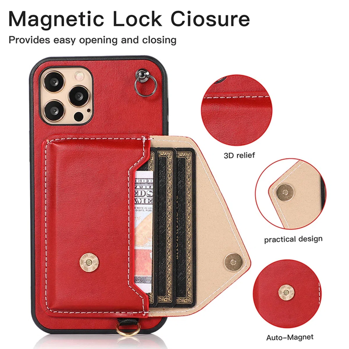 Custodia con Cordino per iPhone 13 PRO Max/13 Pro/13/13 Mini, Cover Portafoglio in Pelle PU con Chiusura Magnetica, Laccio Tracolla Cordoncino Custodia,Rosso,13 6.1"