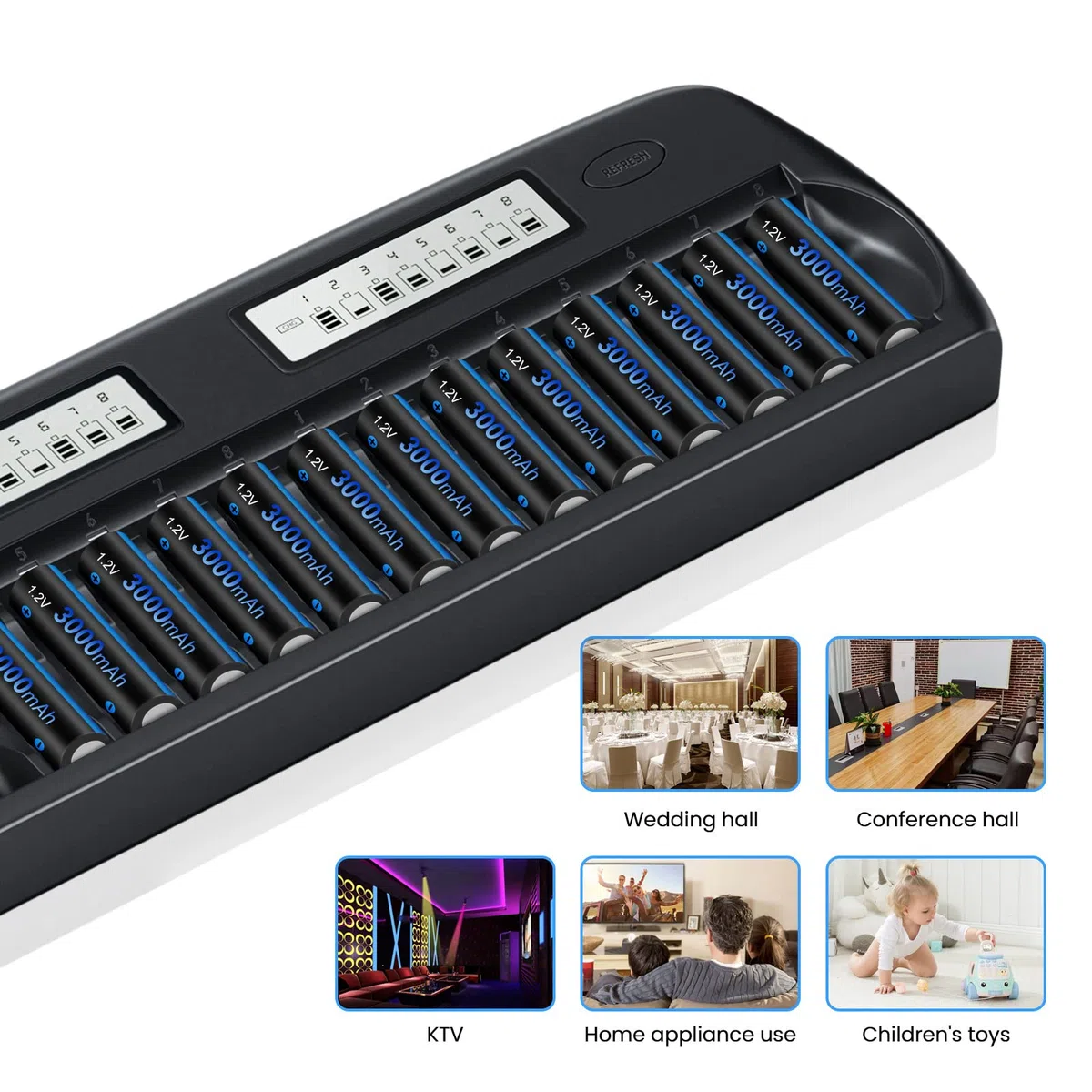 CITYORK Caricabatterie LCD AA AAA a 16 slot con 8 batterie AA da 3000 mAh + 8 batterie ricaricabili NI-MH da 1100 mAh, slot indipendente, funzione di ricarica rapida