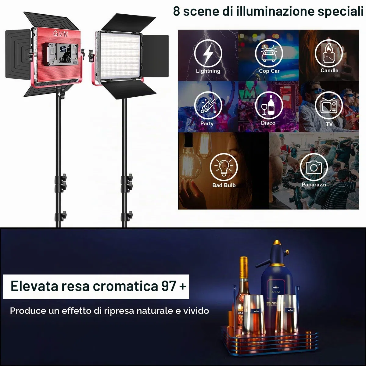 GVM 1200D RGB - Pannello di luci video con treppiede, confezione da 2 luci LED da 50 W, con softbox per foto, studio, YouTube, video, streaming 3200 K-5600 K, 22000 Lux/0,5 m, CRI97+