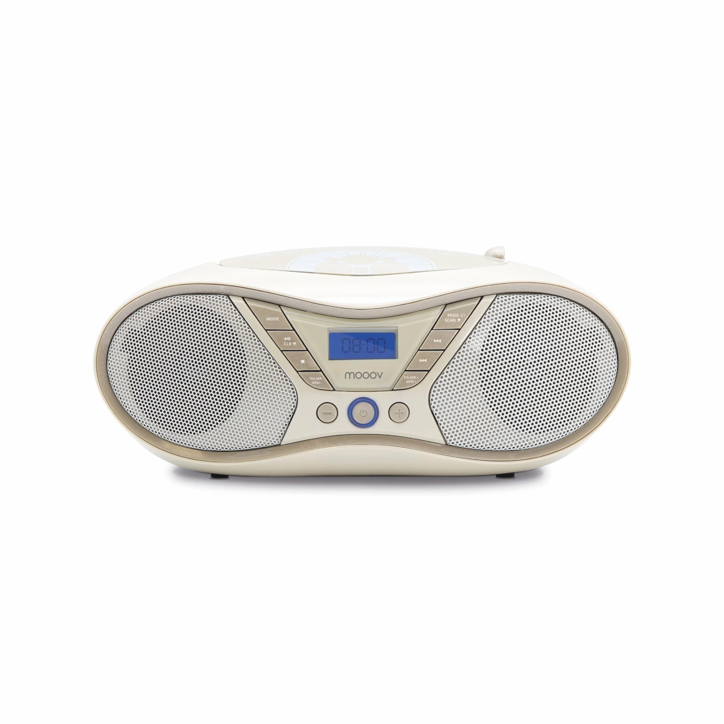 MOOOV Soft Grey, lettore CD portatile, riproduzione CD-R/CD-RW/CD-MP3, radio FM, porta USB, audio stereo 6W, impugnatura ergonomica, funziona su alimentazione o batterie