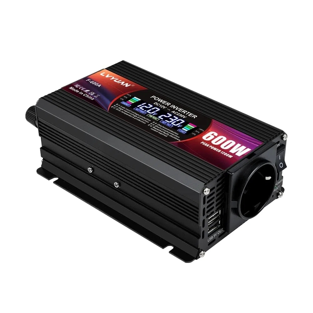 LVYUAN 600W/ 1200W Convertitore di tensione da CC 12 V a CA 220 V 1 presa CA e 2 porte USB Convertitore di corrente Inverter per auto, camper, camion