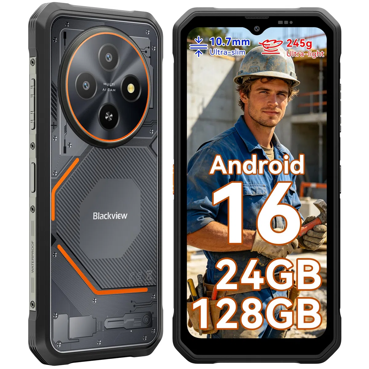 Blackview Rugged Smartphone Android 16, Ultra Sottile 10.7 mm, 24(8+16) GB+128GB/2TB Telefono Indistruttibile, Gemini AI, Display 6,56" HD+, IP69K Impermeabile, 16MP+13MP, 4G/NFC/OTG/3 Anni Garanzia