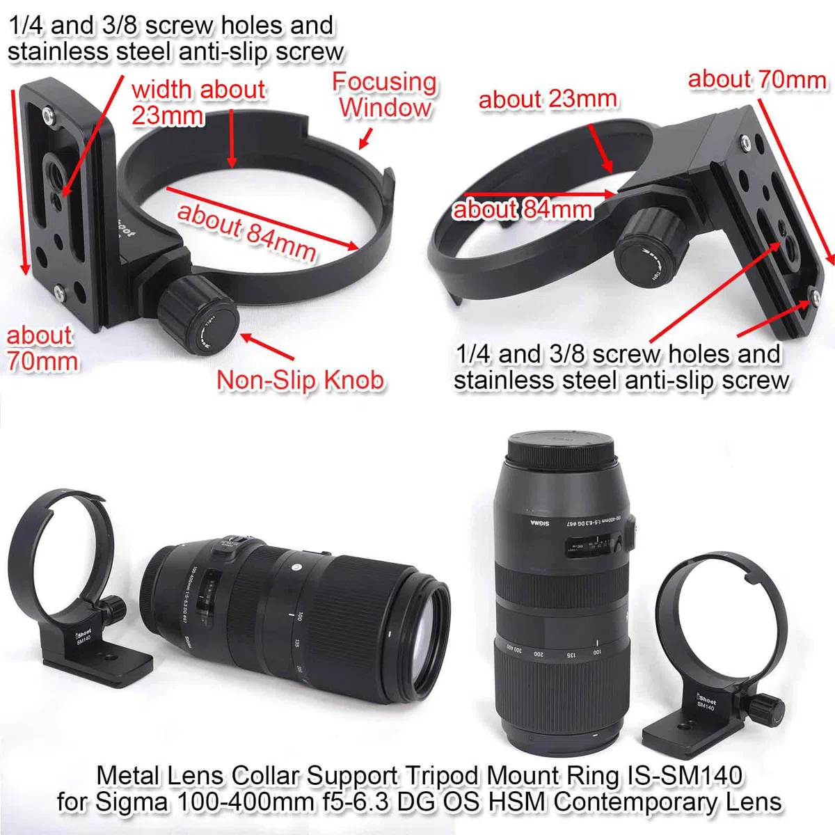 iShoot Collare per obiettivo Anello di montaggio per treppiede Compatibile con Sigma 100-400mm f/5-6.3 DG OS HSM Contemporary (innesto EF e F), il fondo è piastra a sgancio rapido Arca-Swiss Fit