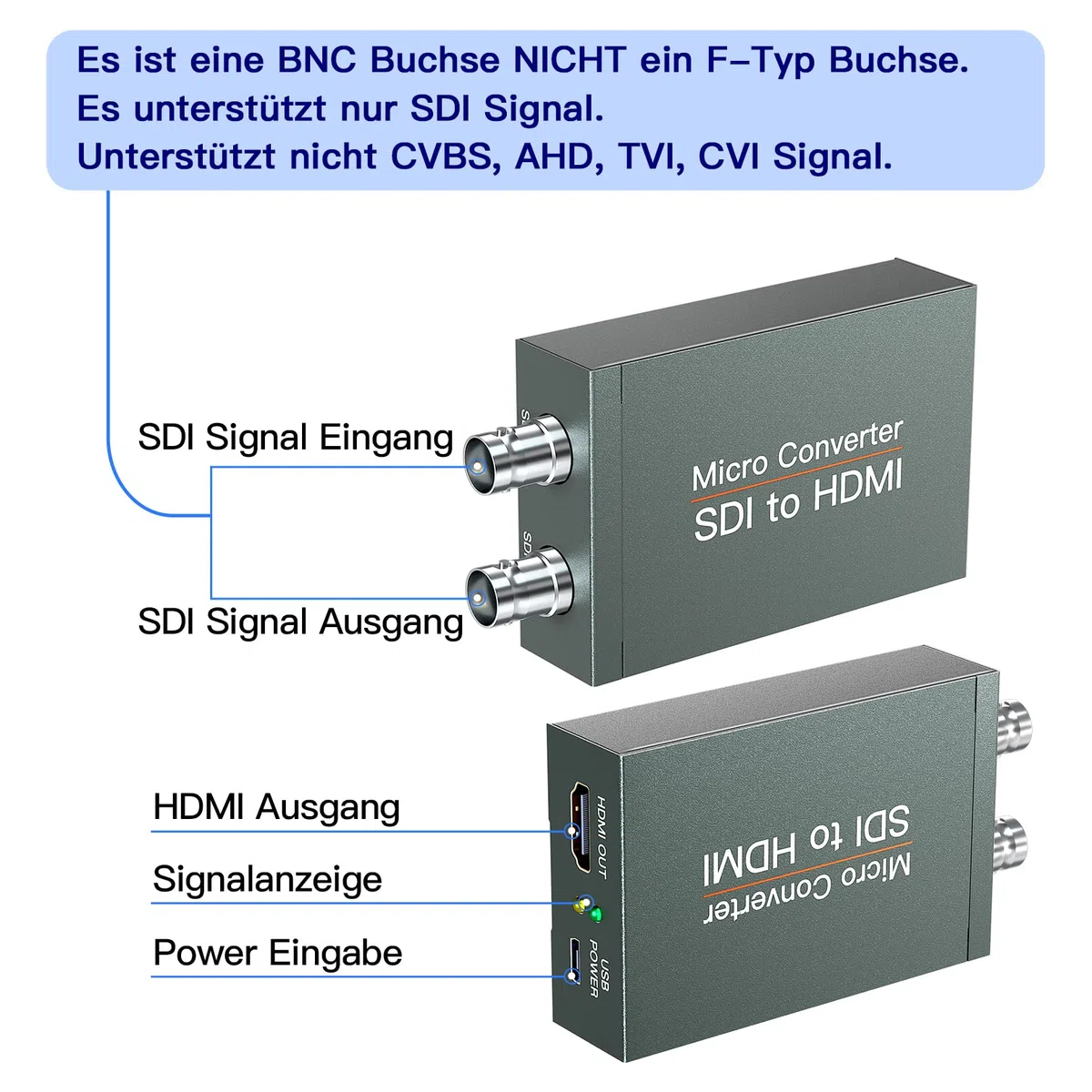 Convertitore da SDI a HDMI, da SDI a HDMI con SDI Loop Out, 1080p HD / 3G / SD-SDI a HDTV Video Audio Convertitore Adattatore BNC a HDTV per Fotocamera Monitor Proiettore