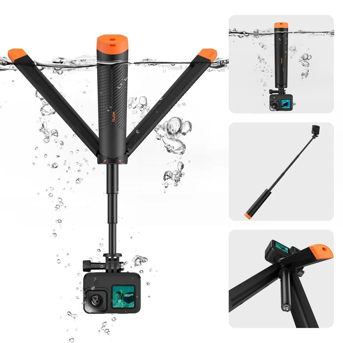 TELESIN 4 in 1 Selfie Stick Grip mano galleggiante Treppiede impermeabile estensibile Selfie Monopiede per GoPro Hero 13,12, 11, 10, 9, 8, 7, 6, 5, 4, DJI Action 5 Pro 4 3 Insta360 X5 X4 AKASO Camera