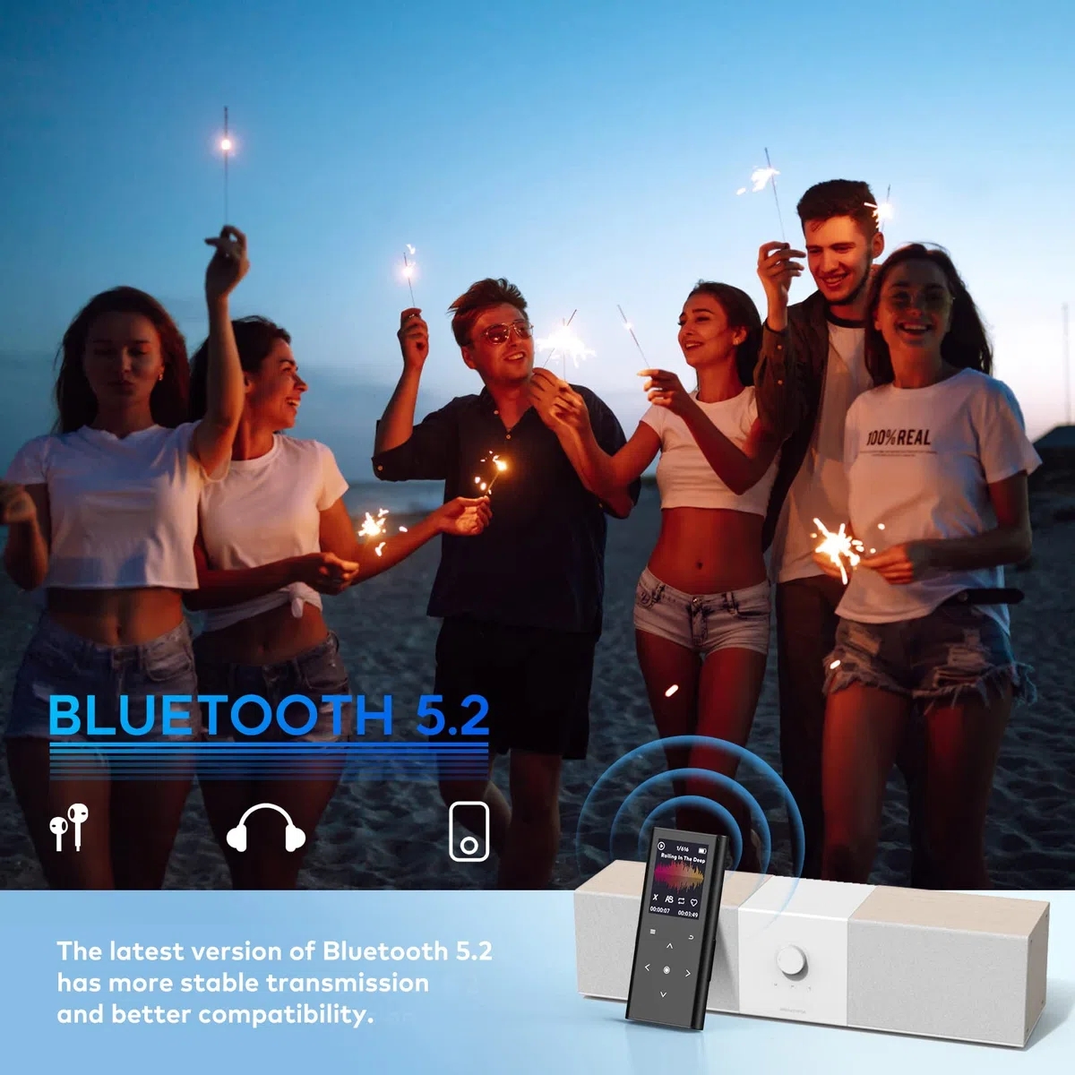 64GB Lettore MP3, Lettore Musicale con Bluetooth 5.2, Altoparlante HD Integrato, FM Radio, Registratore Vocale, Mini Design, Peso 70G, Suono HiFi, Ideale per Lo Sport, Auricolari Inclusi