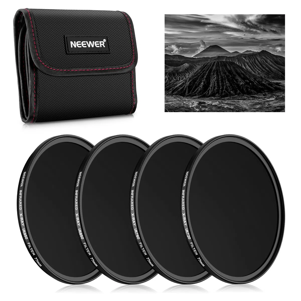 NEEWER Set di Filtri a Infrarossi 77mm, 4 Filtri IR per Raggi X IR720/IR760/IR850/IR950 con Custodia e Panno, Compatibile con Canon Nikon Sony Panasonic Fuji Kodak, le fotocamere DSLR Supportate IR