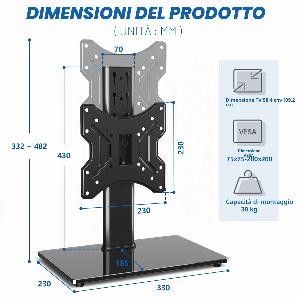RFIVER Supporto TV da Tavolo Piedistallo Universale per 23 a 43 Pollici Televisori, Base Girevole per TV Regolabile in Altezza per TV LCD/LED/OLED/Plasma/curvo fino a 30 kg