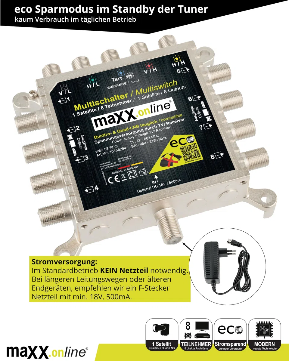 Commutatore satellitare 5 in 8 Multiswitch 5/8 – a Risparmio energetico con Zero-Watt Funzione-Standby - EMS 58RPQ Compatibile con Quad-LNB