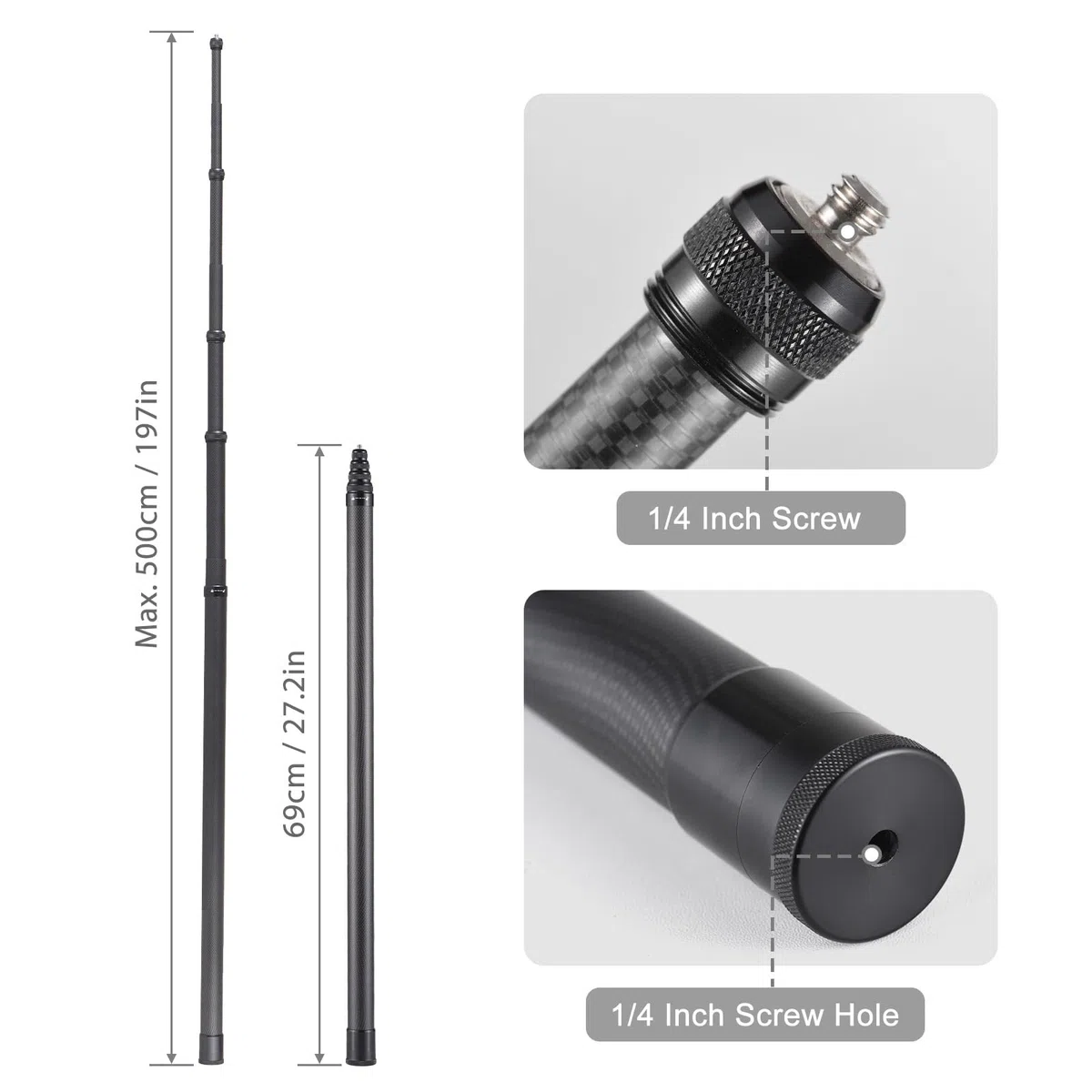 Andoer Bastone per selfie invisibile da 500 cm, supporto in fibra di carbonio, supporto per fotocamera con montaggio a vite da 1/4", compatibile con GoPro/Insta360 X2/X3/X4 e altre fotocamere