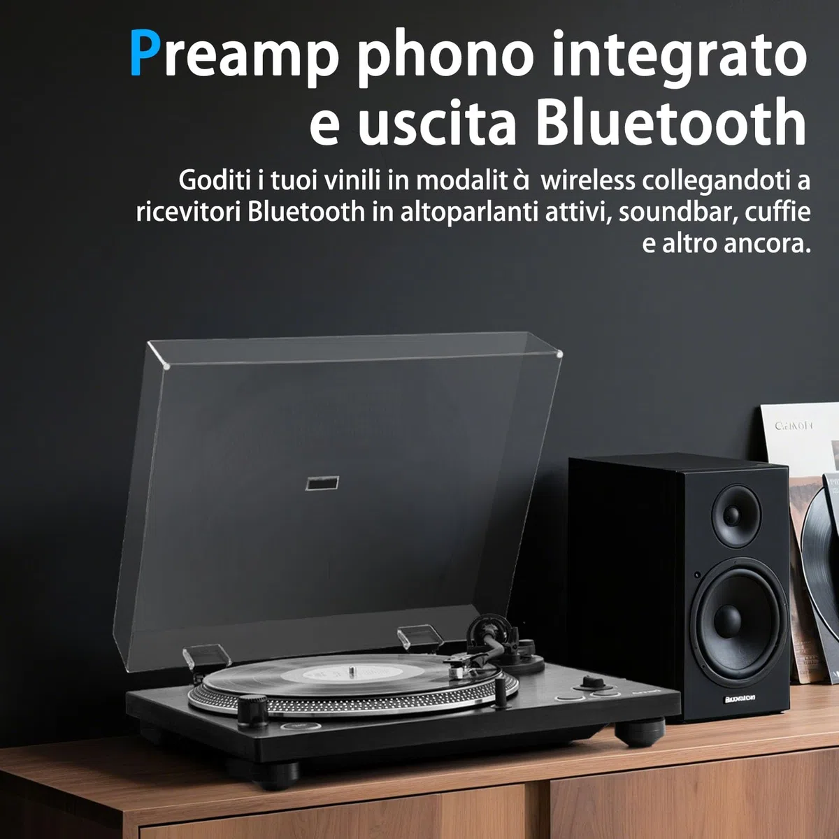 PR-101 Giradischi a Cinghia 2 Velocità 33/45 RPM, Cartuccia Magnetica Mobile AT-3600L, Connessione Wireless, Preamplificatore Phono Integrato