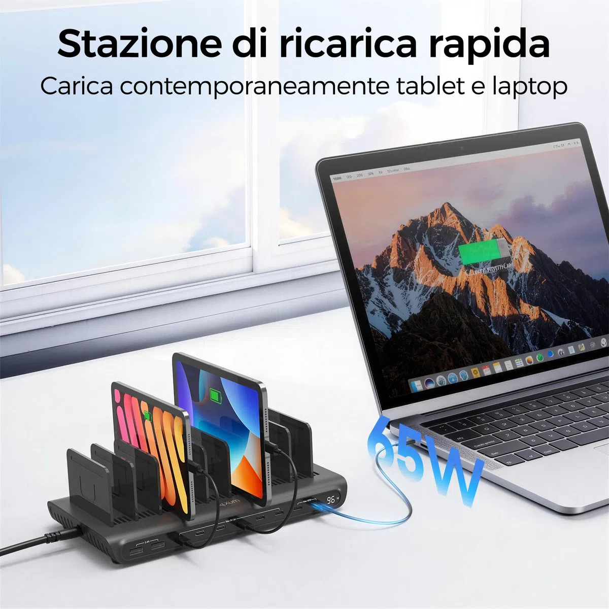Alxum Stazione di Ricarica USB 10 Porte 120W, Caricatore Multiplo con Display LED, 8 Porte USB-C e 2 USB-A, Porta PD 65W e QC 3.0 Ricarica Rapida per iPhone, iPad, Tablet, Laptop, Ufficio, Scuola