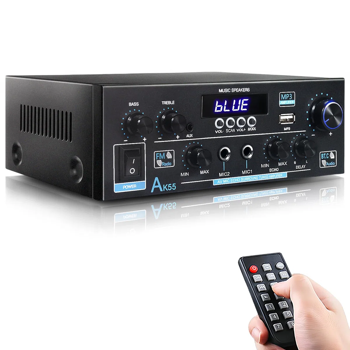 Woopker AK55 Amplificatore Audio Bluetooth 5.0, Amplificatore HiFi Stereo, 70wx2 potenza nominale 2.0 CH Mini Amplificatore Ricevitore Stereo Amp per auto Home Theater, W/2 Mic/SD/RCA/USB/FM Radio