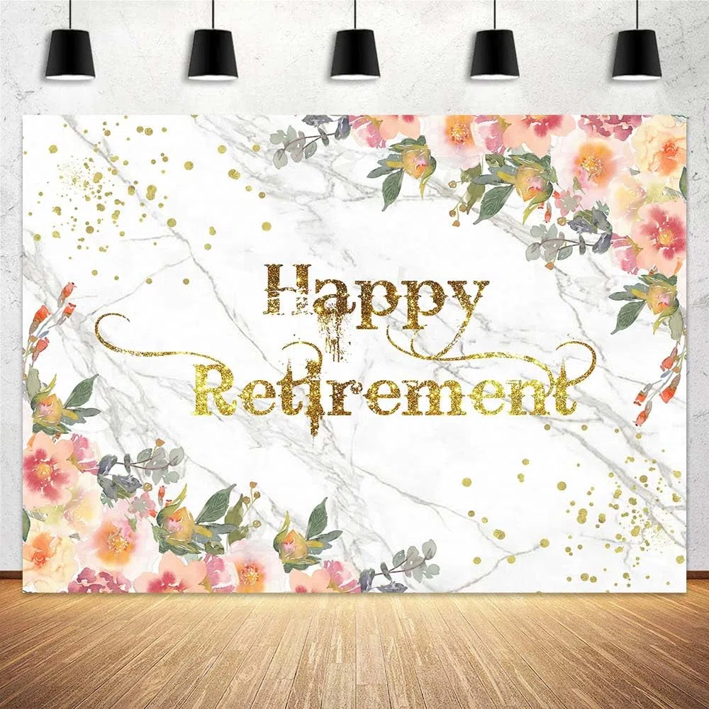 4,6 x 3 m Happy Retirement Banner Sfondo per le donne Decorazioni per feste Grano di marmo Oro Glitter Foto Sfondo Decorazioni per feste Grano di marmo Congratulazioni Foto Booth Prop
