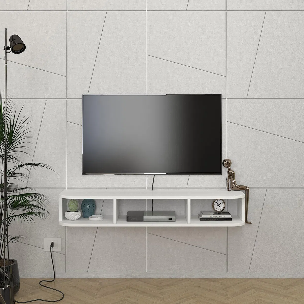 [en.casa] Mobile Porta TV Sospeso con 3 Vani Portaoggetti Scomparti Aperti Mensola da Parete Stand Multimediale con Passacavi 120 x 30 x 19 cm per Soggiorno - Bianco