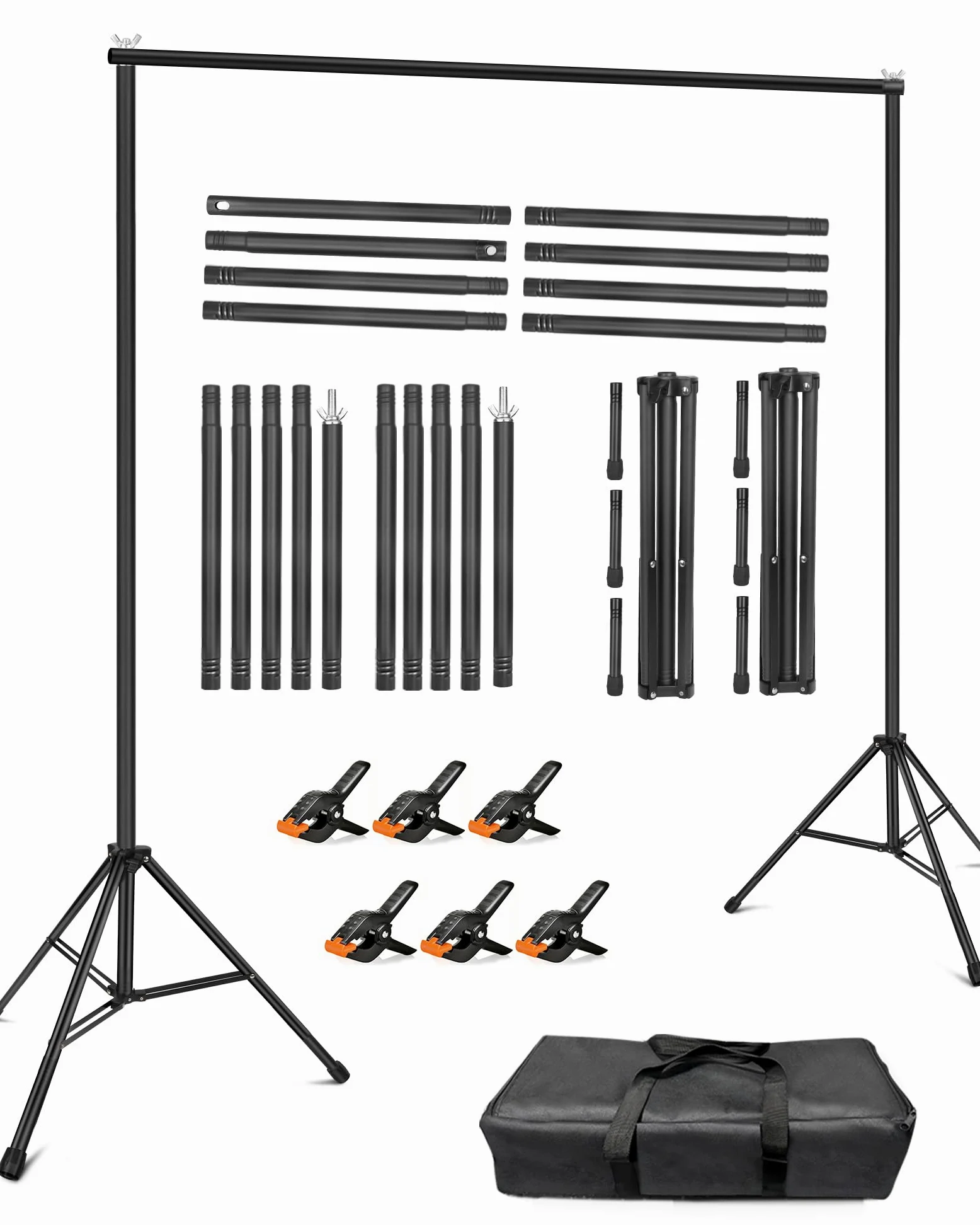 Supporto per fondale, 3 x 2,4 m, kit di supporto regolabile per sfondo con 6 morsetti e borsa per il trasporto, per feste, eventi, decorazione, studio fotografico, video, compleanno, matrimonio