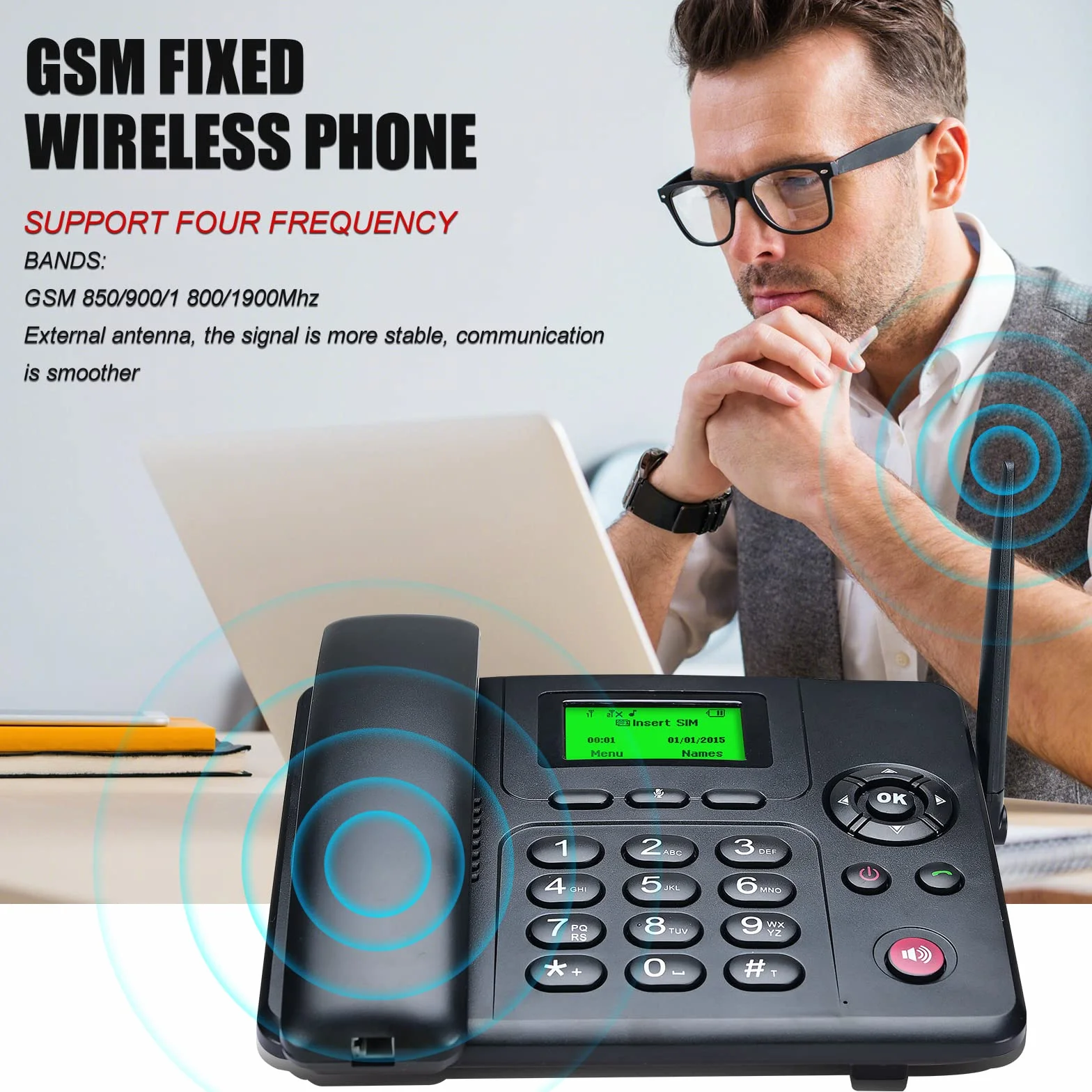 Lychee Wireless Classico Telefono Fisso GSM Quad-band - Dual SIM Card,Supporto Multilingue(Compreso l'italiano), Ampio Display Retroilluminato,Ideale per Casa/Hotel/Ufficione