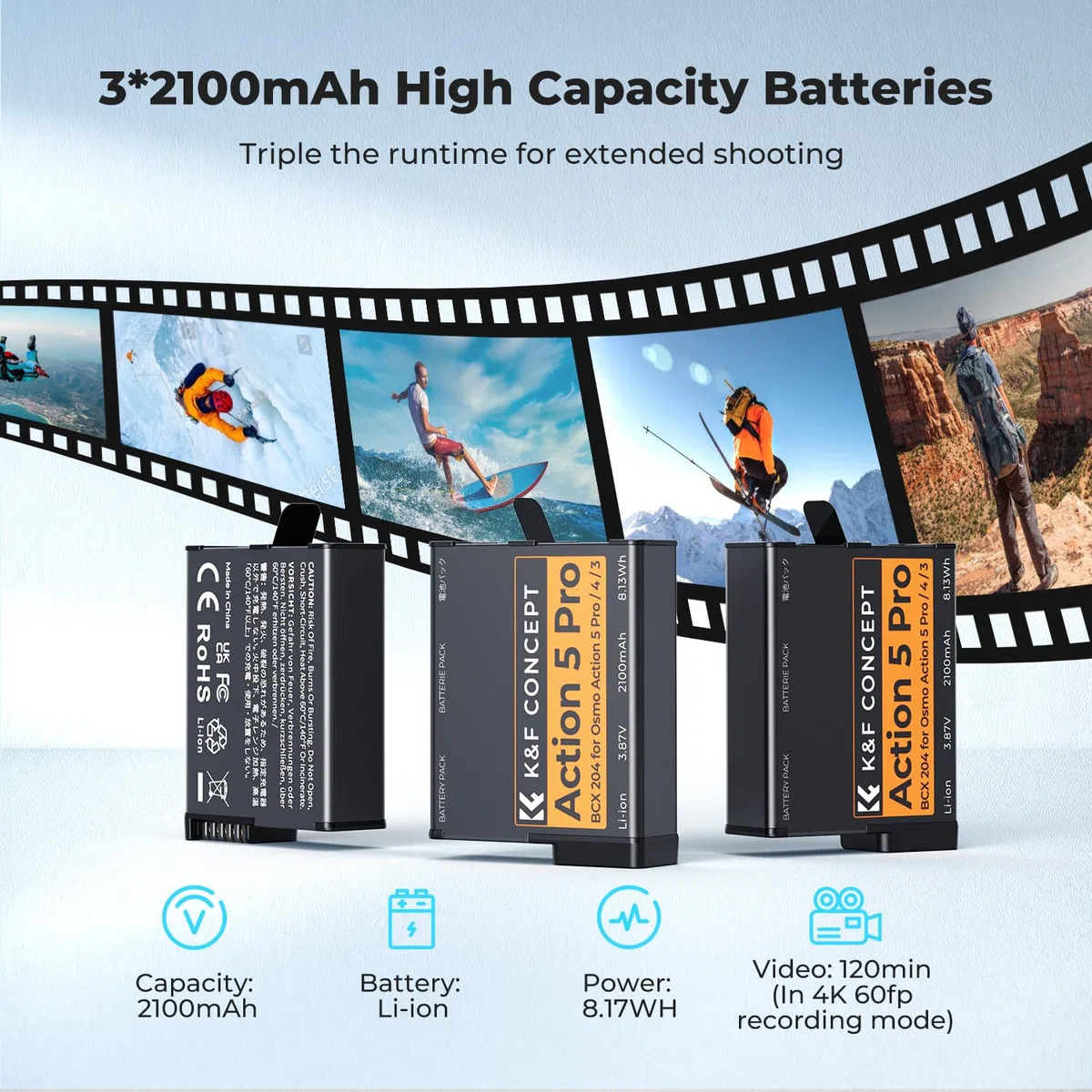 K&F CONCEPT OSMO 360 Batterie de 3 Confezione, Caricabatterie OSMO Action 5 Pro Compatibile con DJI OSMO Action 6, Action 5 Pro, Action 4, Action 3, OSMO 360 fotocamere